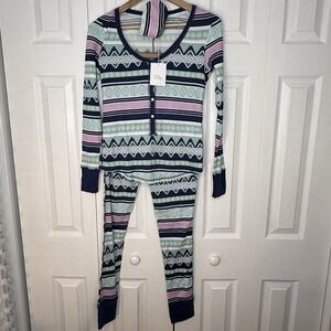 Victoria's Secret Pink & Blue Pajama Set Size XS Waffle Thermal‎ Winter NEW